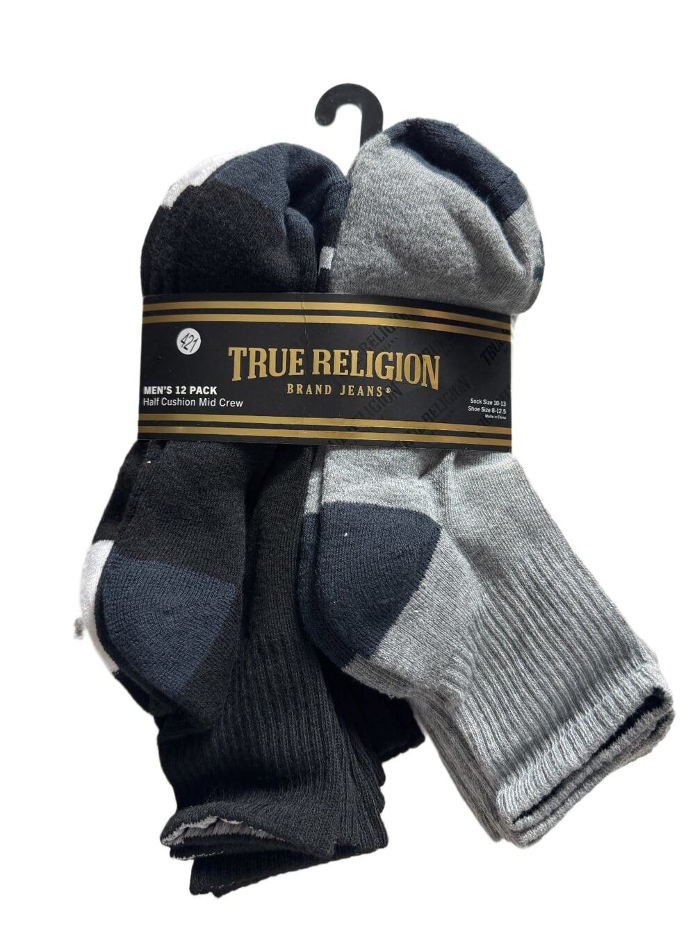 True Religion Men's 12 Pack Half Cushion Mid Crew Socks Black Gray Shoe 8-12.5 N